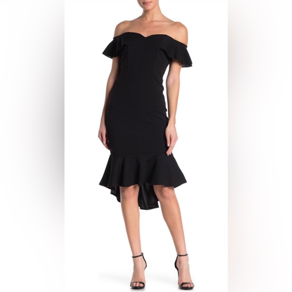 Bailey Blue NWT Black Off Shoulder Ruffle High Low Midi Dress Size L